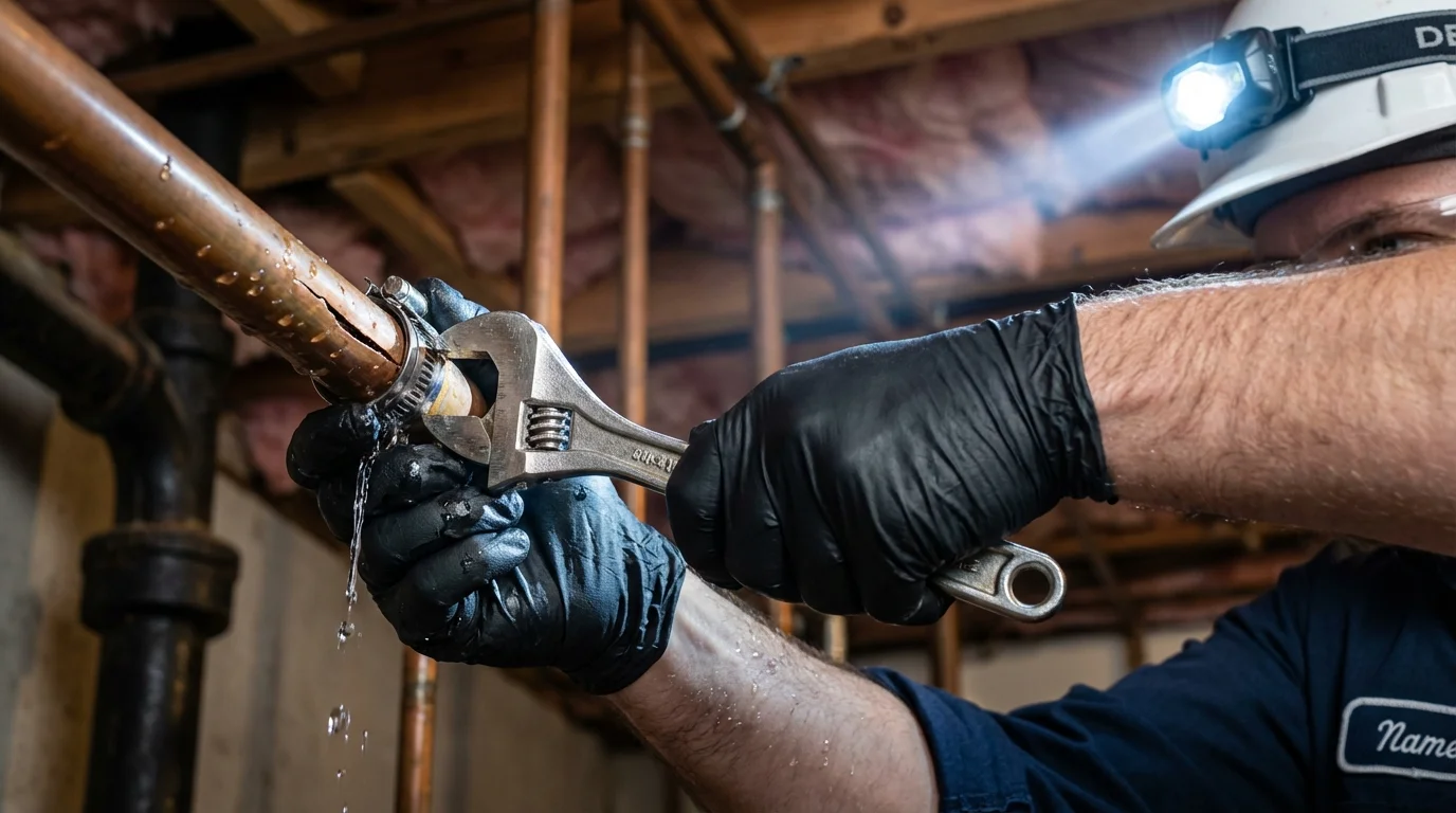 Emergency pipe clamp repair being performed by a Johns Plumbing LLC plumber in Dupo