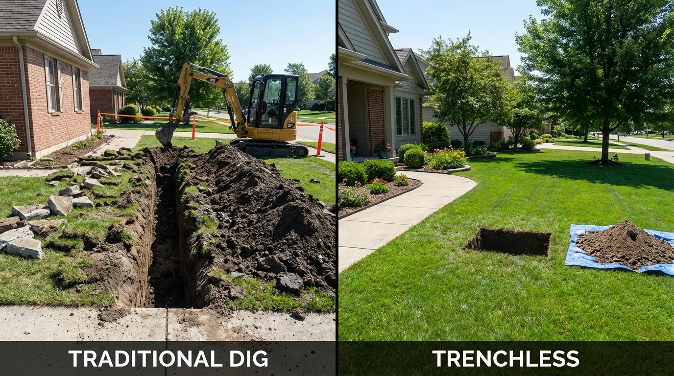 Trenchless sewer repair with minimal yard damage versus traditional excavation in Dupo, IL